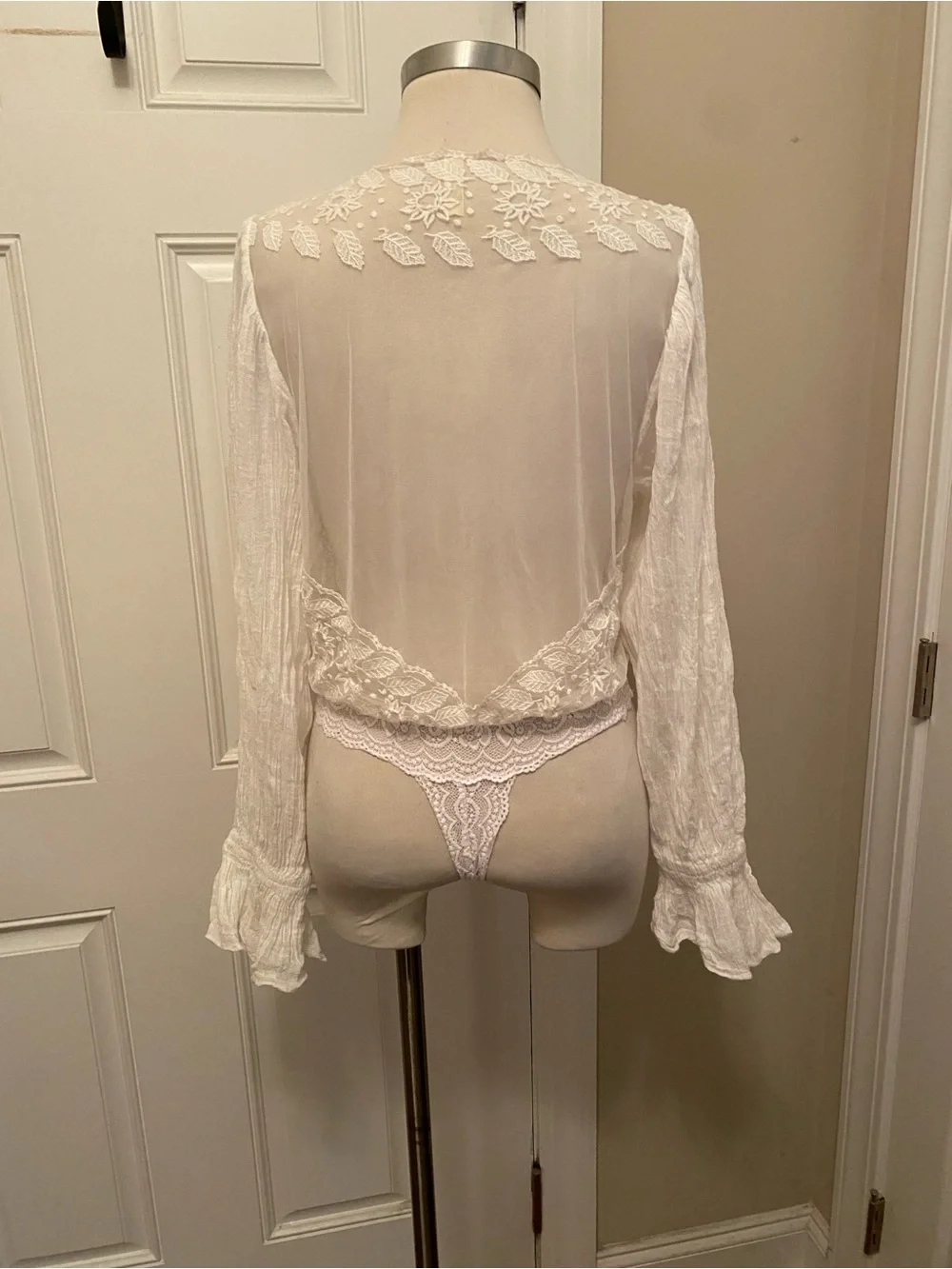Free People White Floral Lace Top with Sheer Detail